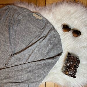 LOFT Long Button V Neck Long Sleeve Gray Silver Cardigan